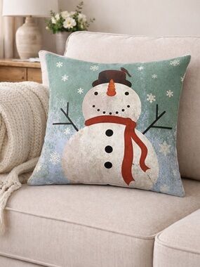 Cotton Linen Snowman Pillow Cover 18x18 Christmas Decor